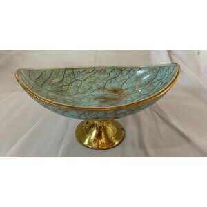 VTG Hand Painted Delftware Aqua Turquoise Gold Veined Brass Pedestal Dish Candy